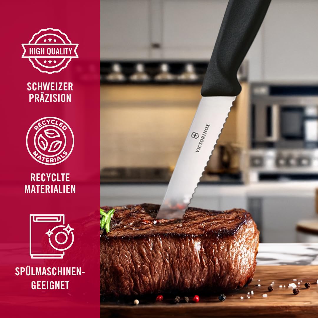Ergonomic handle on Victorinox steak knife for comfortable cutting.