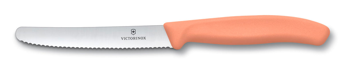 Victorinox Swiss Classic tomato-bread knife set with peach handles for clean cuts.