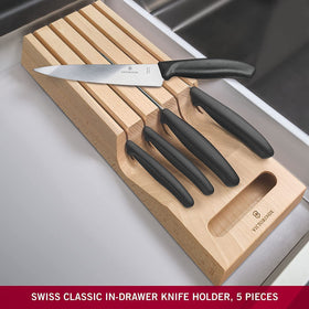 Victorinox Swiss Classic tomato knife secured in the drawer for clean tomato slicing.