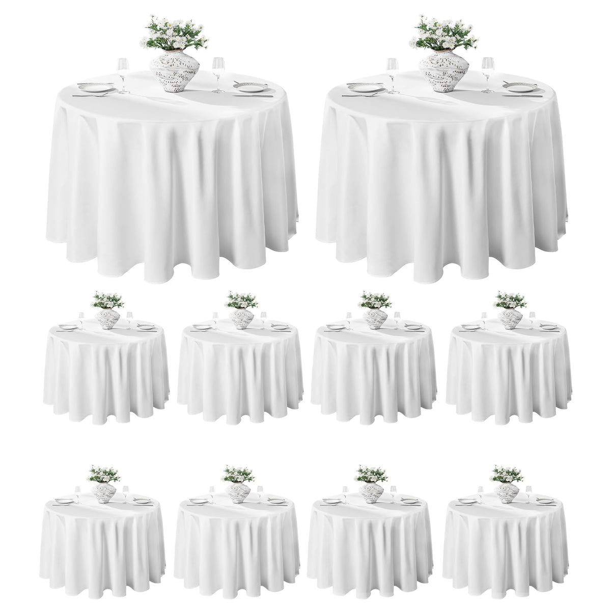 VidaFete white 120-inch round tablecloth on a dining table for an elegant setup.