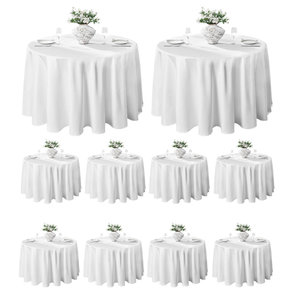 VidaFete white 120-inch round tablecloth on a dining table for an elegant setup.