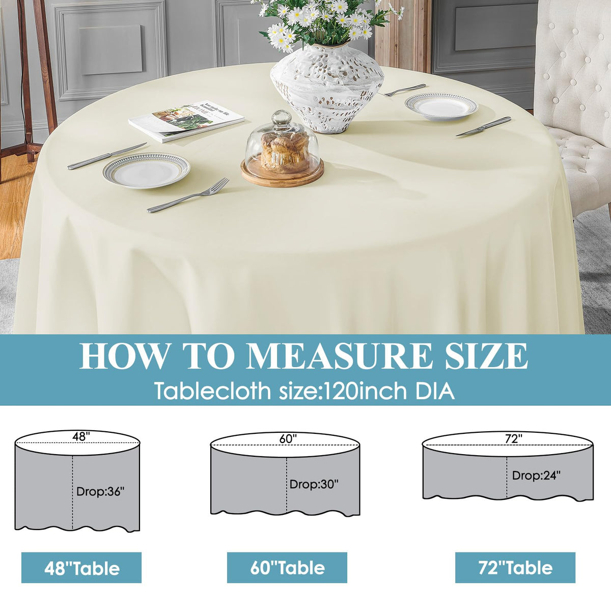 VidaFete ivory tablecloth care guide: machine wash cold, easy upkeep.