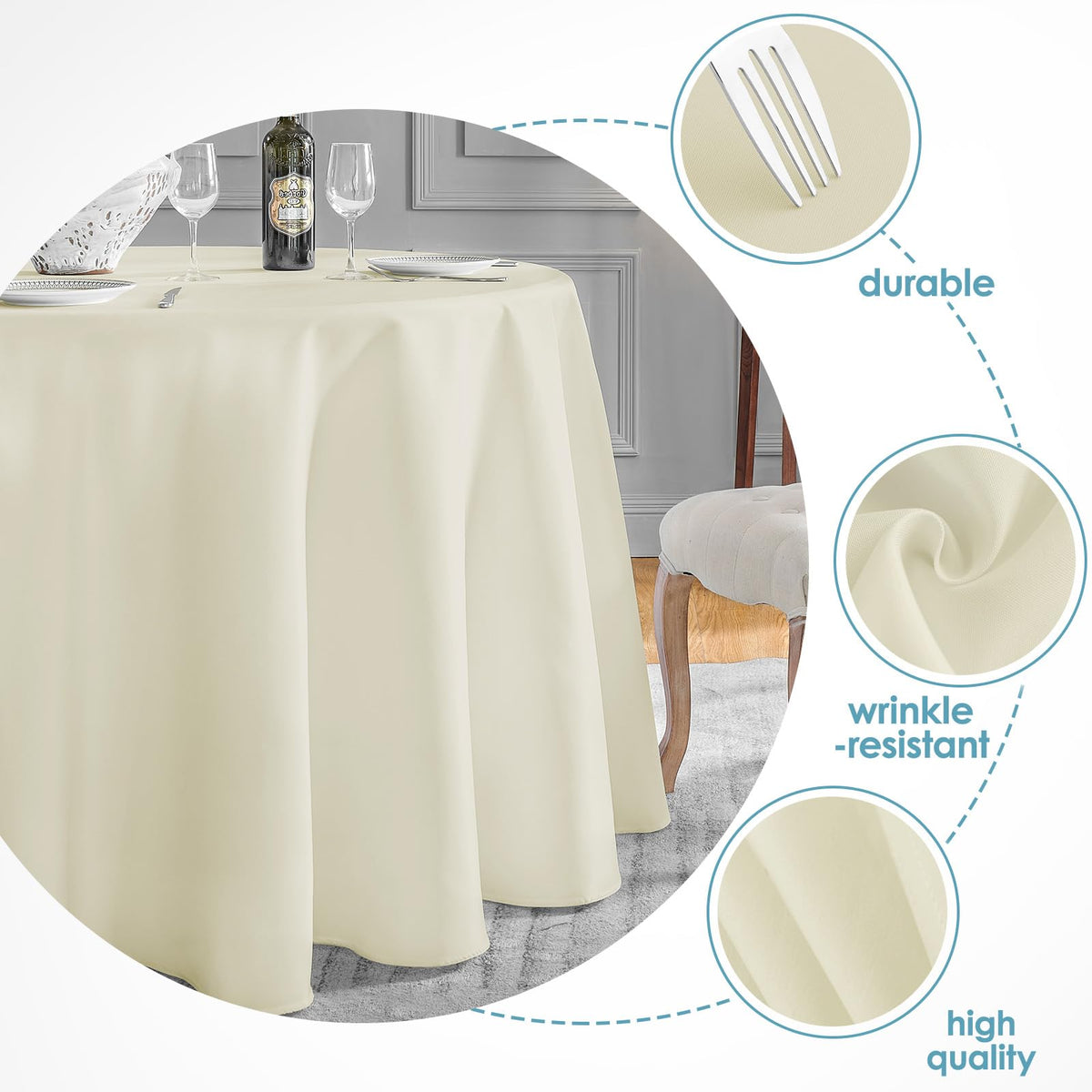 VidaFete polyester ivory tablecloth texture close-up shows soft, durable fabric.