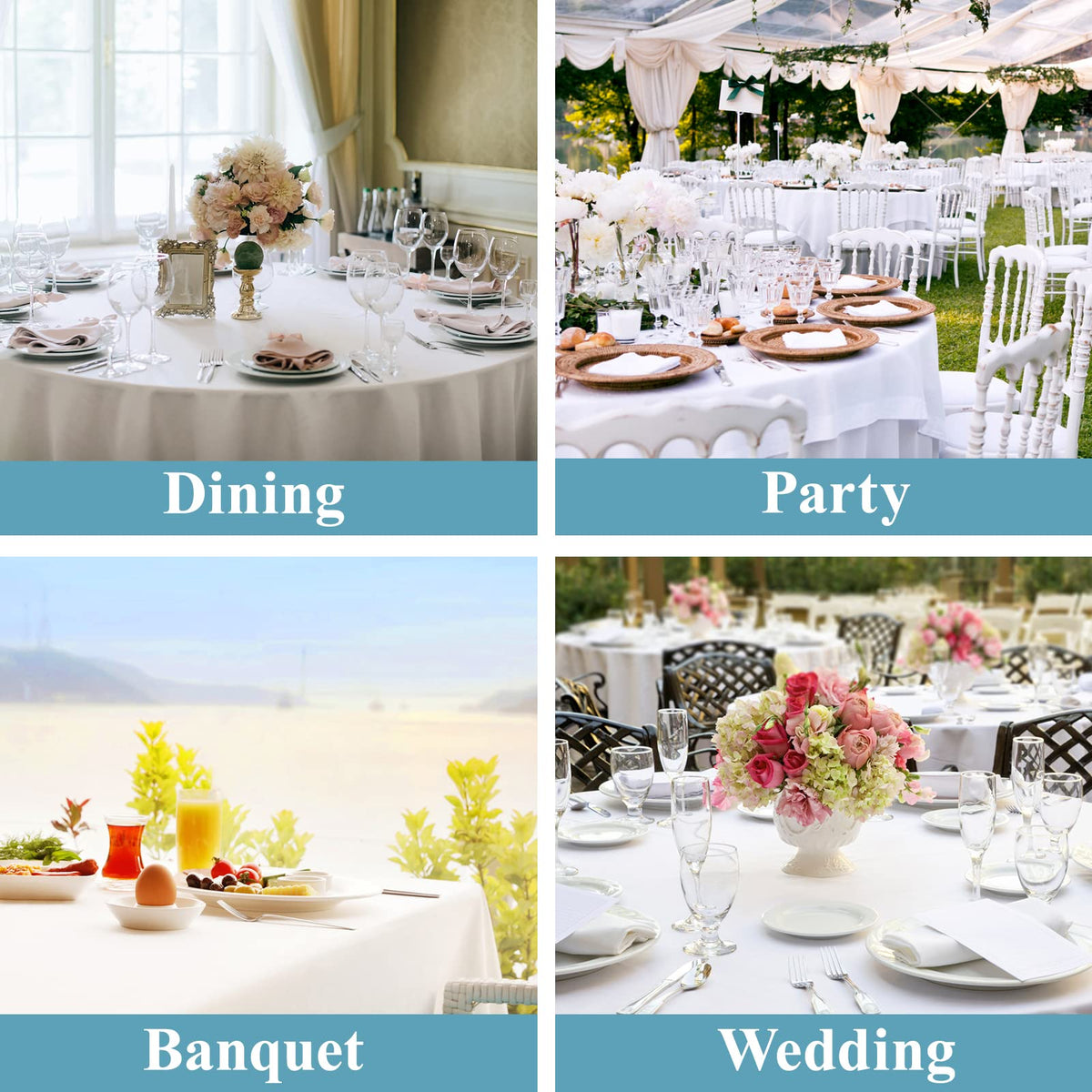 VidaFete white tablecloth fits tables from 48 to 72 inches in diameter.