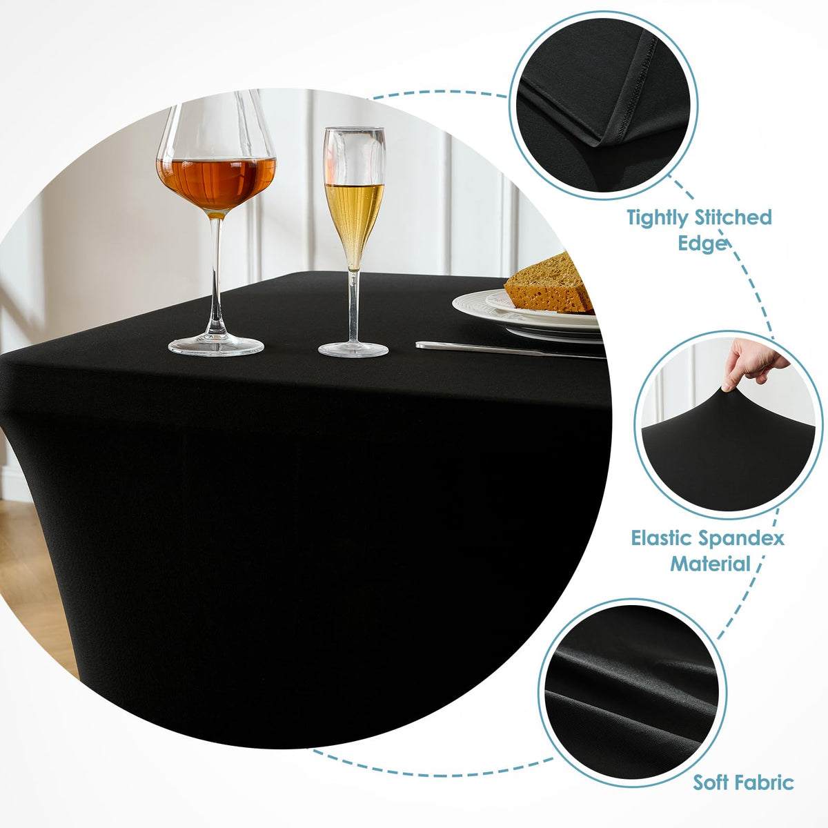 VidaFete spandex tablecloth 6ft black fabric close-up highlighting stretch