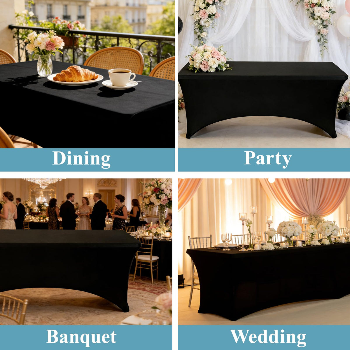 VidaFete spandex tablecloth 6ft black laid on a dining setup