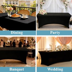 VidaFete spandex tablecloth 6ft black laid on a dining setup