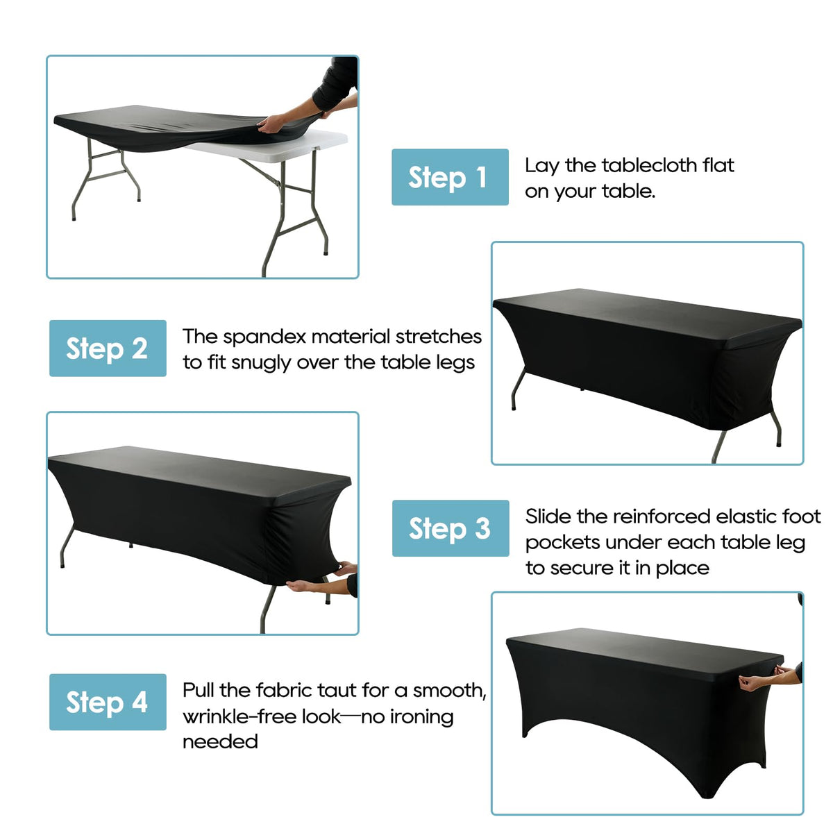 VidaFete spandex tablecloth 6ft black ready for machine wash care