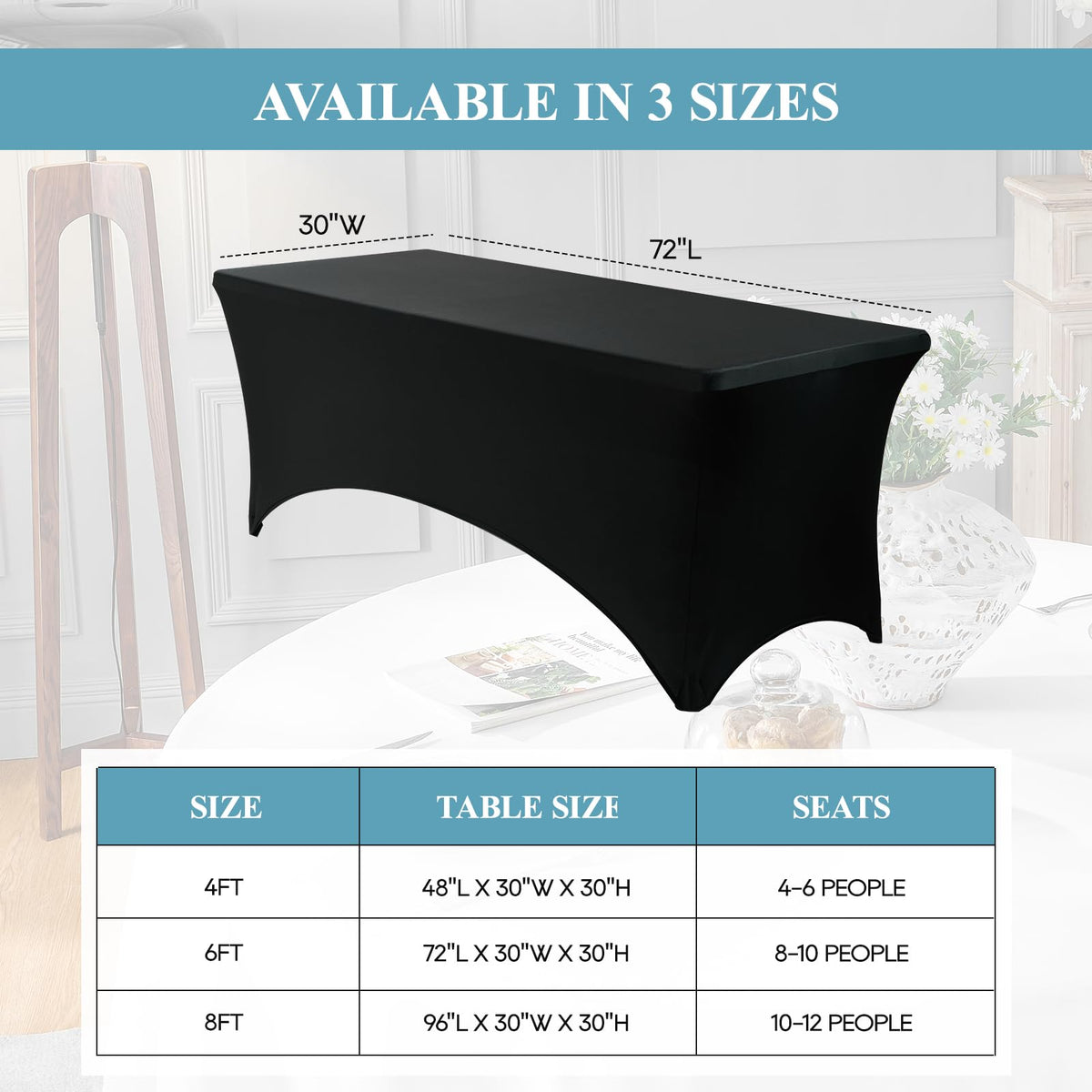 VidaFete spandex tablecloth 6ft black side view with fitted look