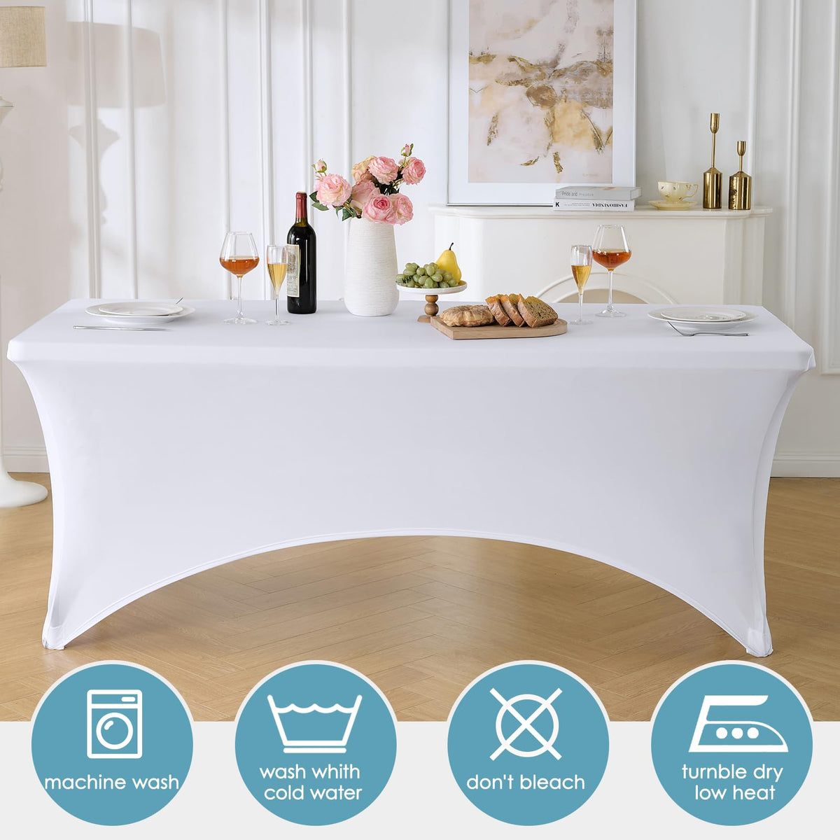 VidaFete Spandex Tablecloth demonstrates stain protection for quick party cleanups.