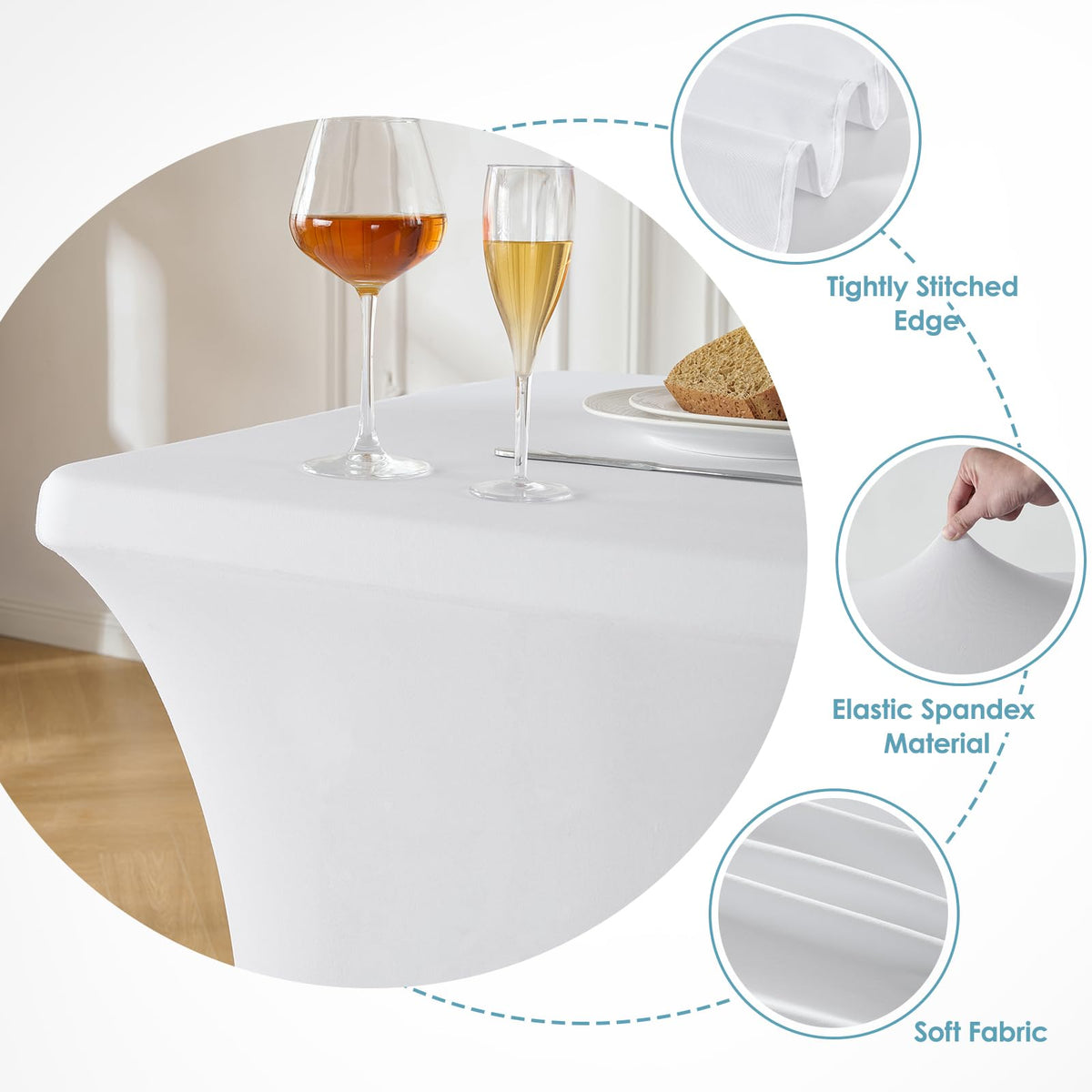 VidaFete Spandex Tablecloth white drape over banquet table, ready to impress.