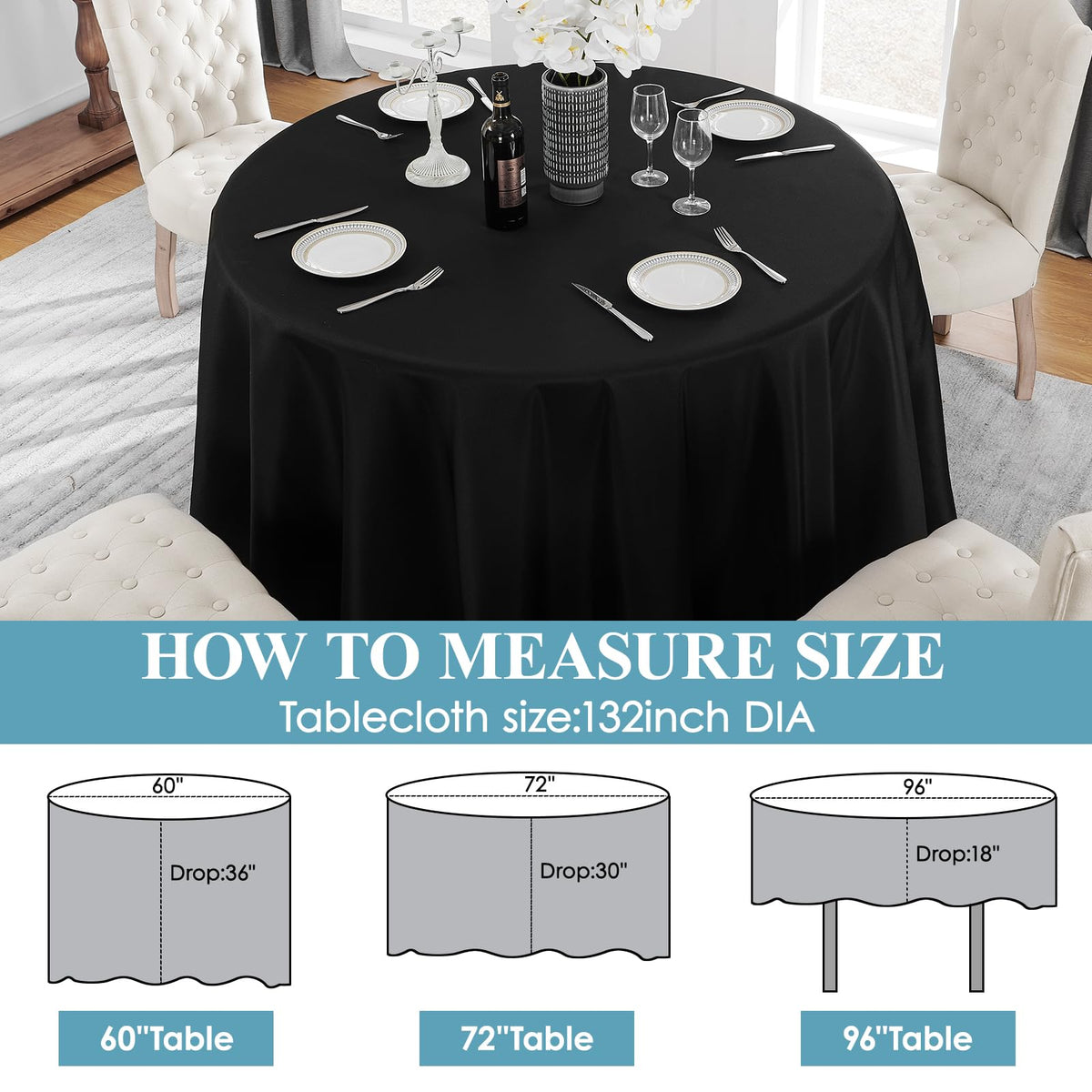 VidaFete stain-resistant black cloth protects tables from spills during parties.