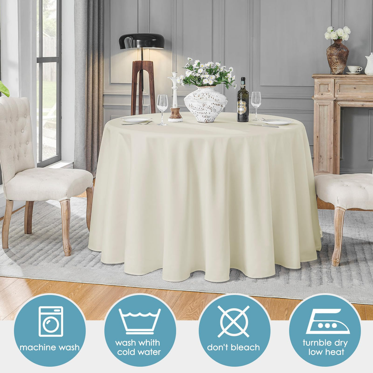 VidaFete stain-resistant ivory tablecloth highlights easy cleanup after meals.