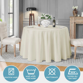 VidaFete stain-resistant ivory tablecloth highlights easy cleanup after meals.