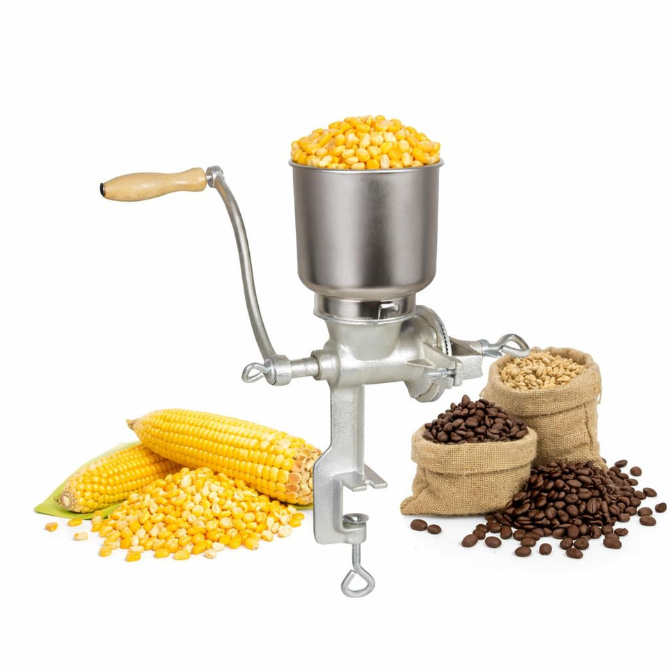 Vietora Eud manual grain mill with table clamp for stable countertop grinding.