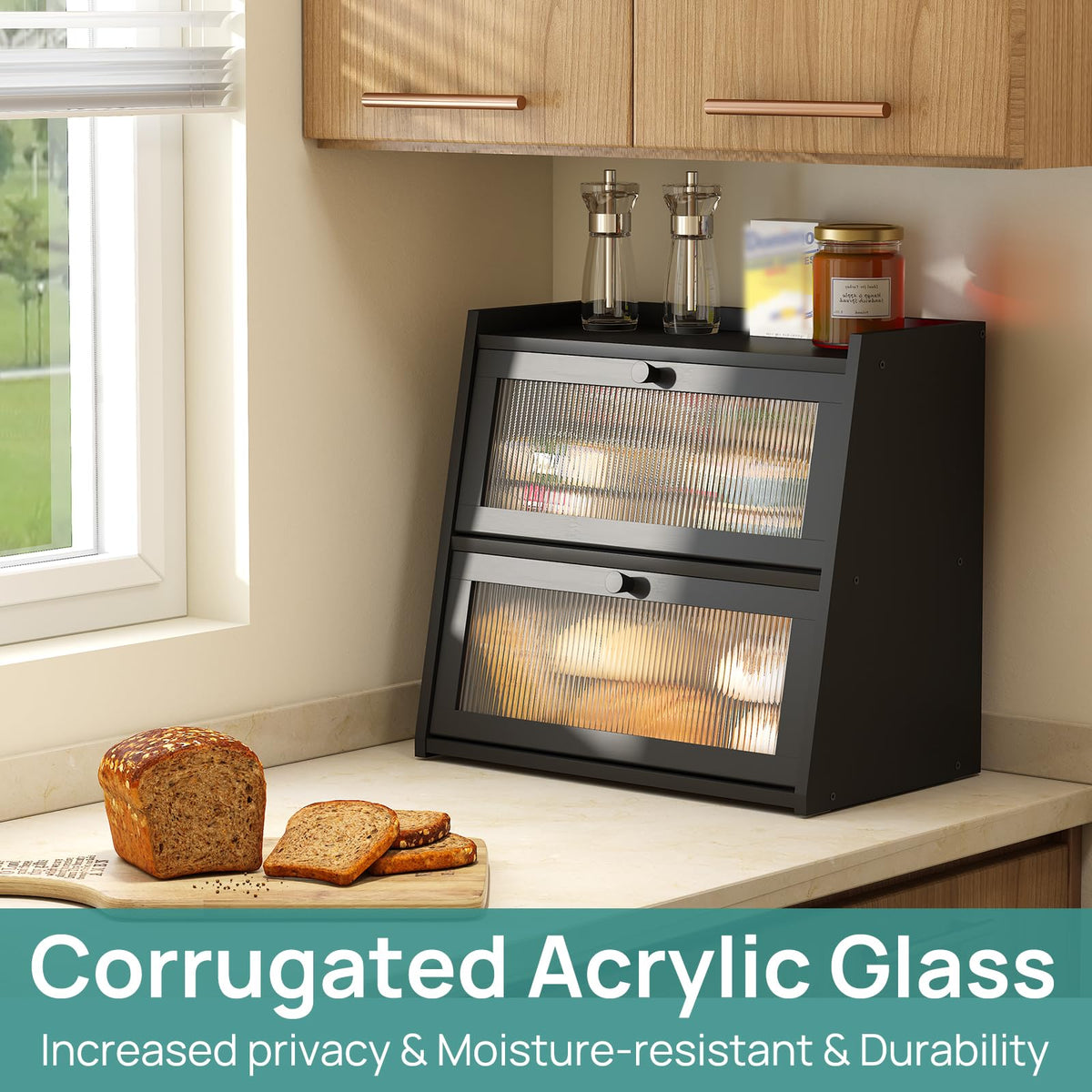Viewcare double-layer bread box interior highlights capacity for multiple loaves.