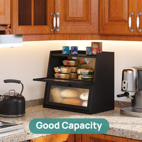 Viewcare black bread box flat-top design offers extra surface space on the counter.