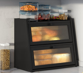 Viewcare black bread box front view shows two-layer storage for ample counter organization.
