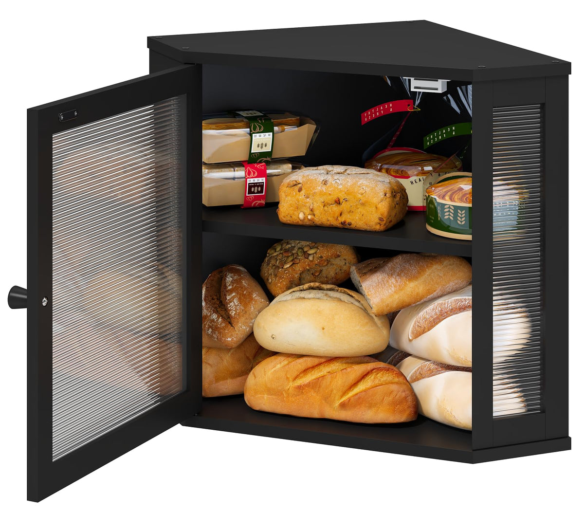 Viewcare bread box with acrylic wavy door panel for discreet kitchen display