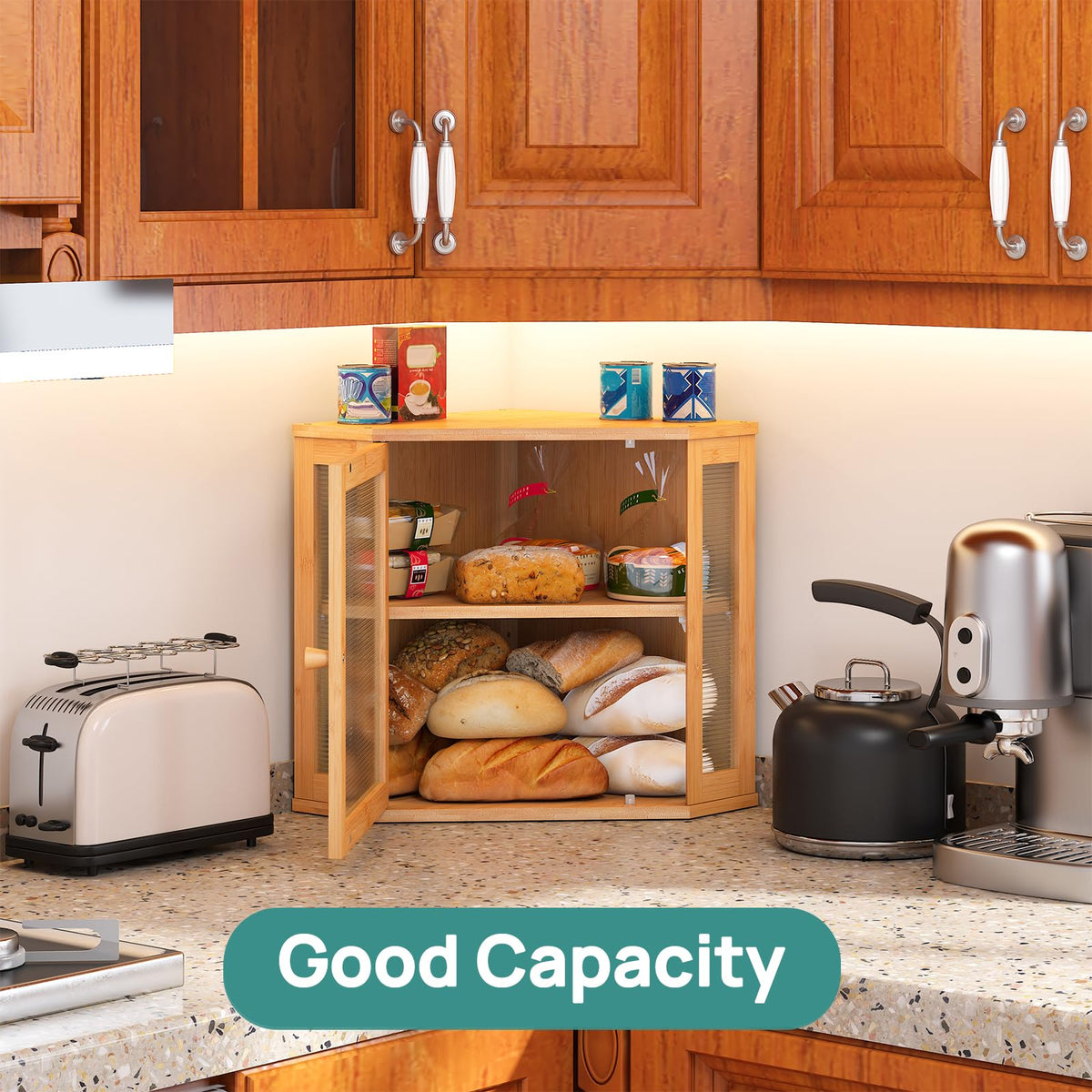 Interior view of two shelves demonstrates ample storage capacity.