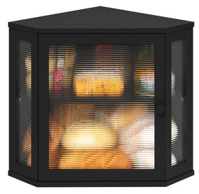 Viewcare corner bread box in black bamboo with two roomy shelves for bread
