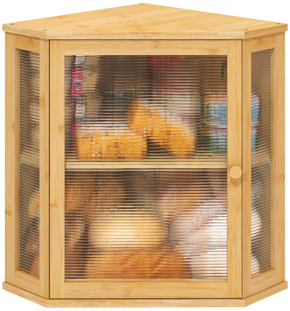 Viewcare corner bread box in bamboo with natural finish on the counter