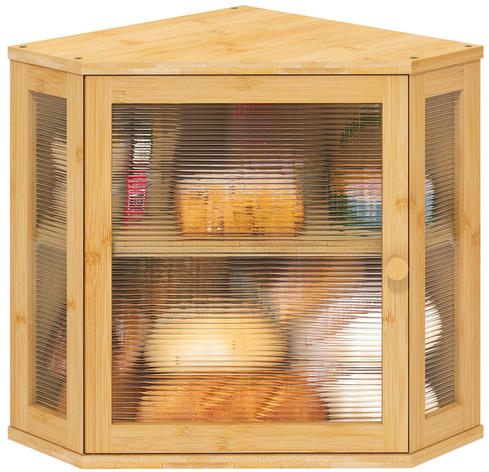 Viewcare corner bread box in natural bamboo front shows space-saving design.
