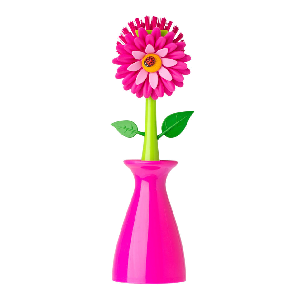 Vigar Flower Power dish brush with handle shows ergonomic grip for comfortable cleaning tasks