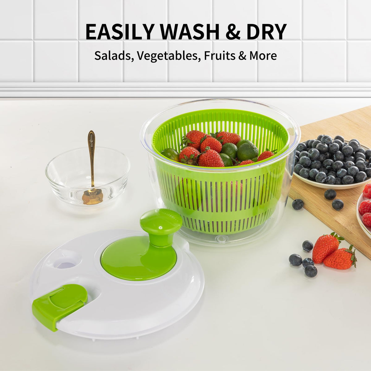Vihoom salad spinner ready for fruit and vegetable prep.