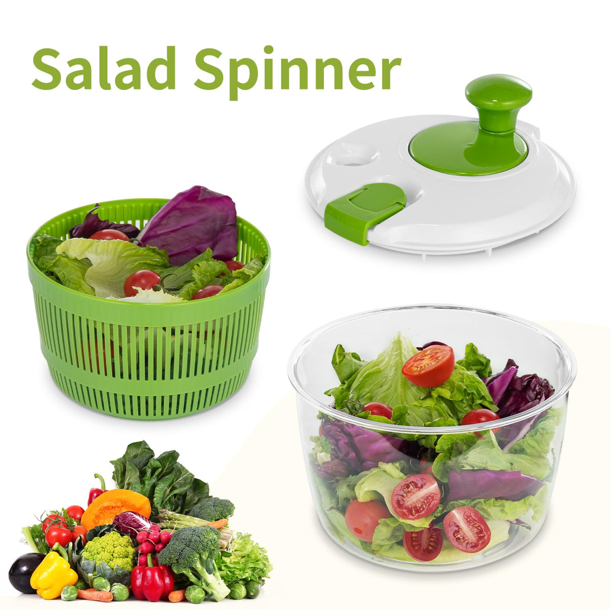 Vihoom salad spinner shows secure lid lock for spill-free operation.