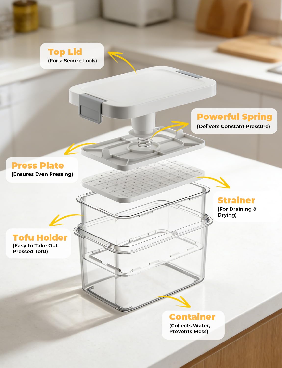 Vihoom Tofu Press detachable components enable easy cleaning and setup.