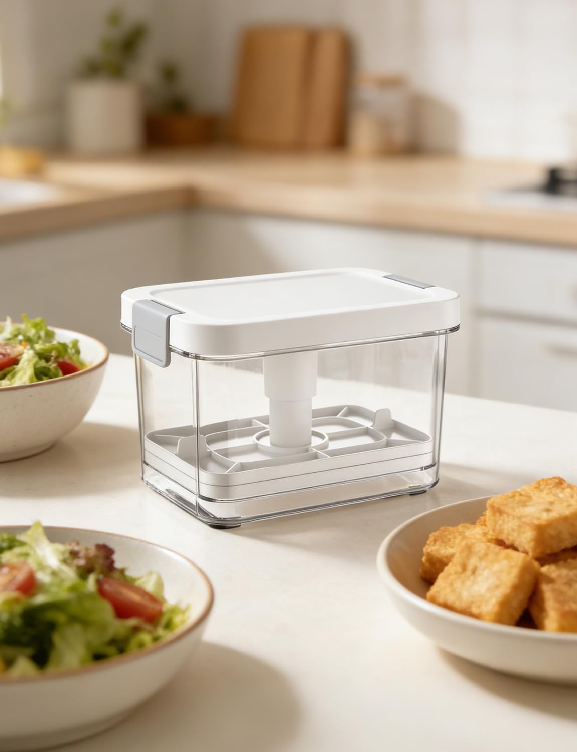 Vihoom Tofu Press in kitchen scene ready for weeknight meals.