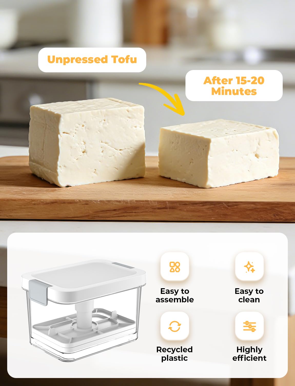 Vihoom Tofu Press water drain close-up shows controlled drainage for texture.