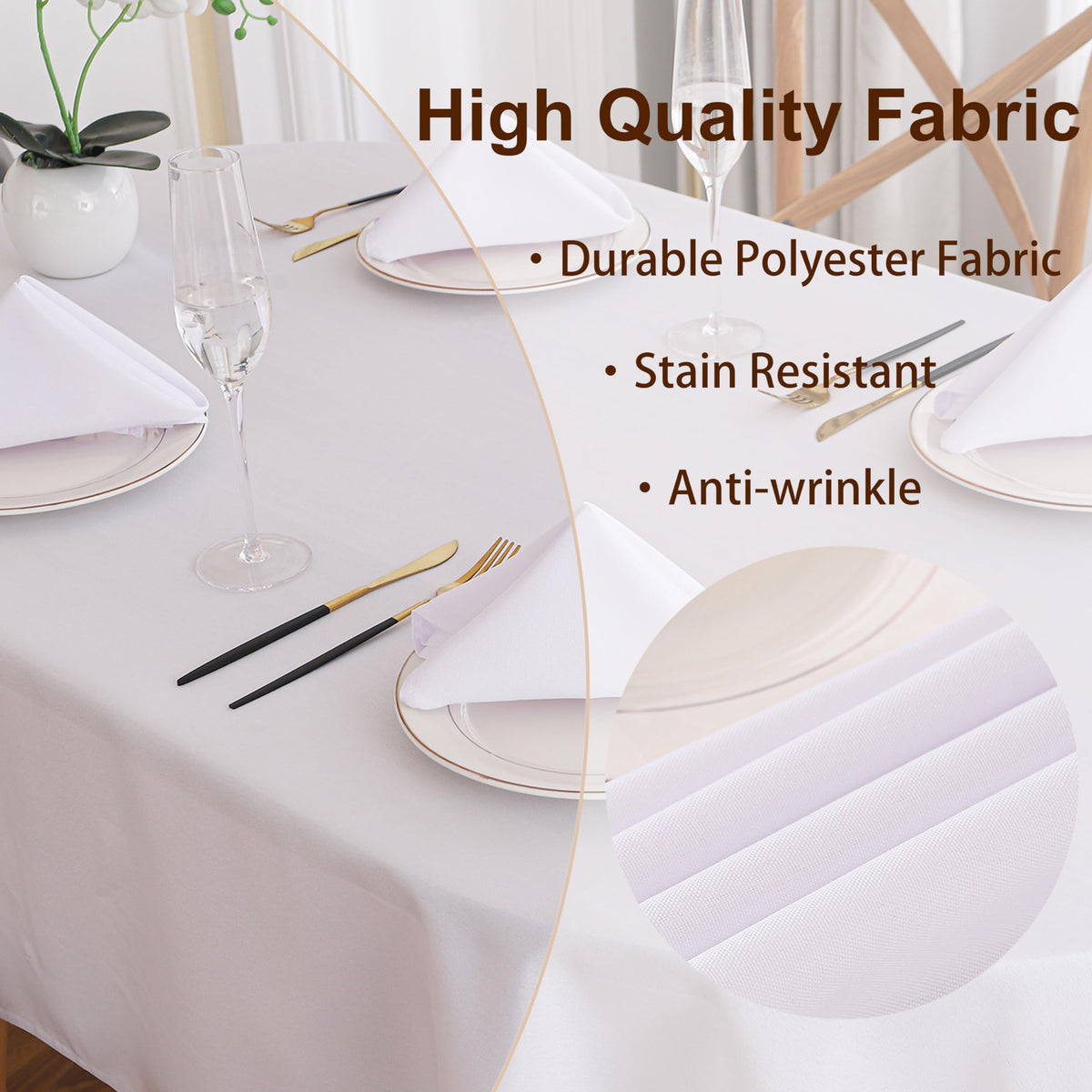 Viiamacki stain-resistant polyester tablecloth that stays clean during entertaining.