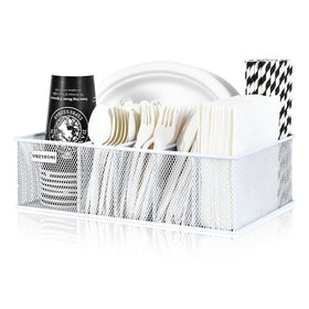 VIKEYHOME metal silverware caddy shows cup holder for easy serving.
