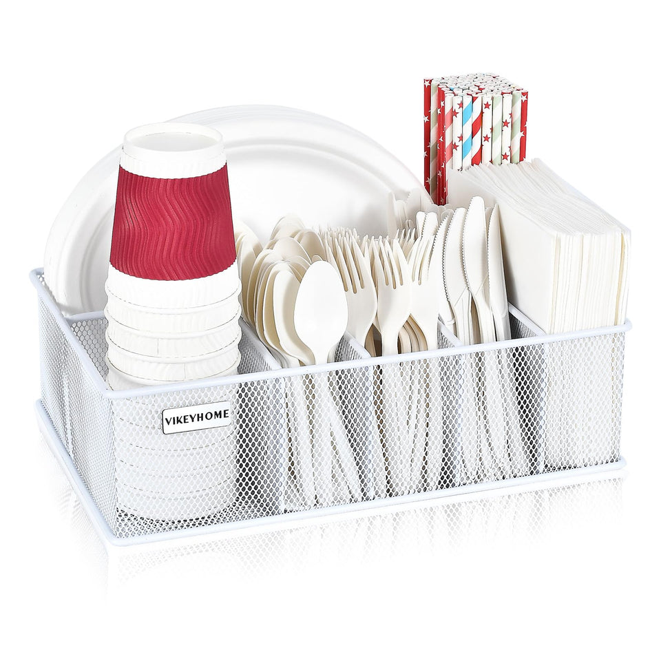 VIKEYHOME paper plate organizer with six compartments keeps plates organized and accessible.