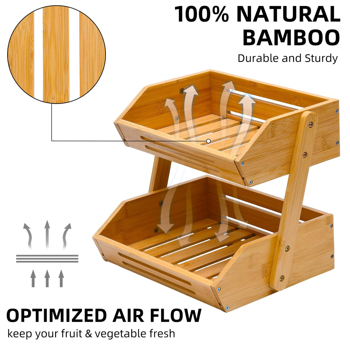 VIKEYHOME bamboo fruit stand side view highlighting smooth finish and stability.