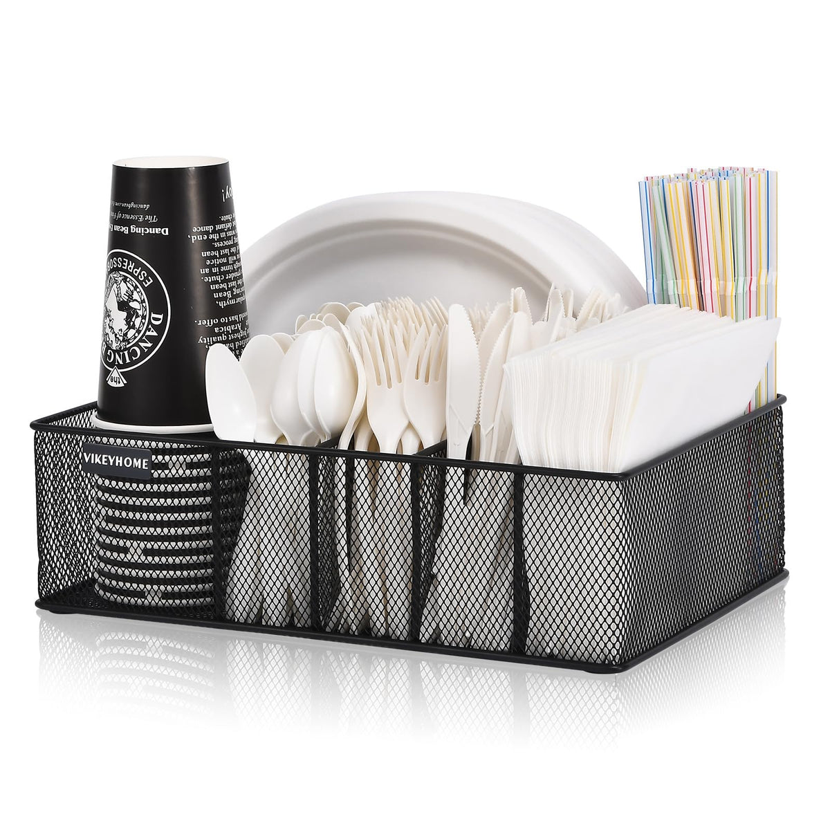 VIKEYHOME paper plate organizer on a countertop keeps plates neatly within reach for gatherings.