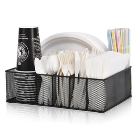 VIKEYHOME paper plate organizer on a countertop keeps plates neatly within reach for gatherings.