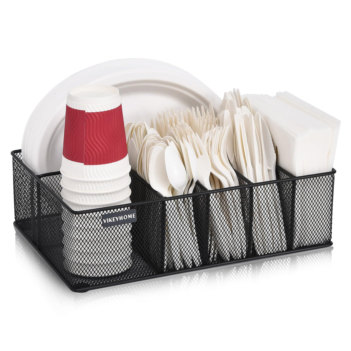 VIKEYHOME silverware caddy with six compartments organizes utensils at parties.