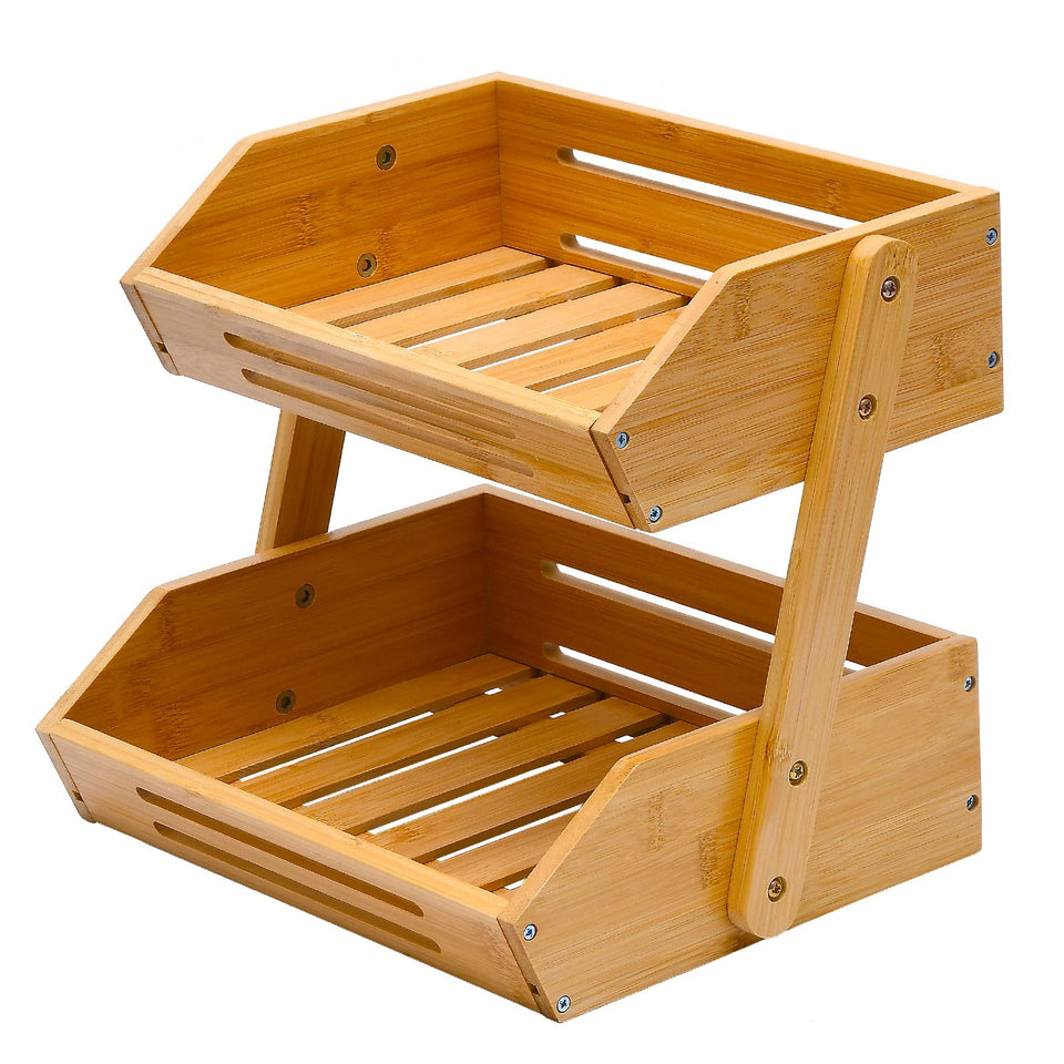 VIKEYHOME two-tier fruit basket top tier on counter for easy access.