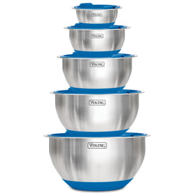 Viking 10-piece mixing bowls set with non-slip base and lids for organized prep.