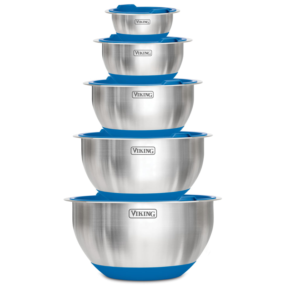 Viking 10-piece mixing bowls set with non-slip base and lids for organized prep.