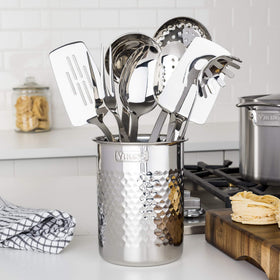 Viking countertop utensil holder in silver provides durable storage on the counter.