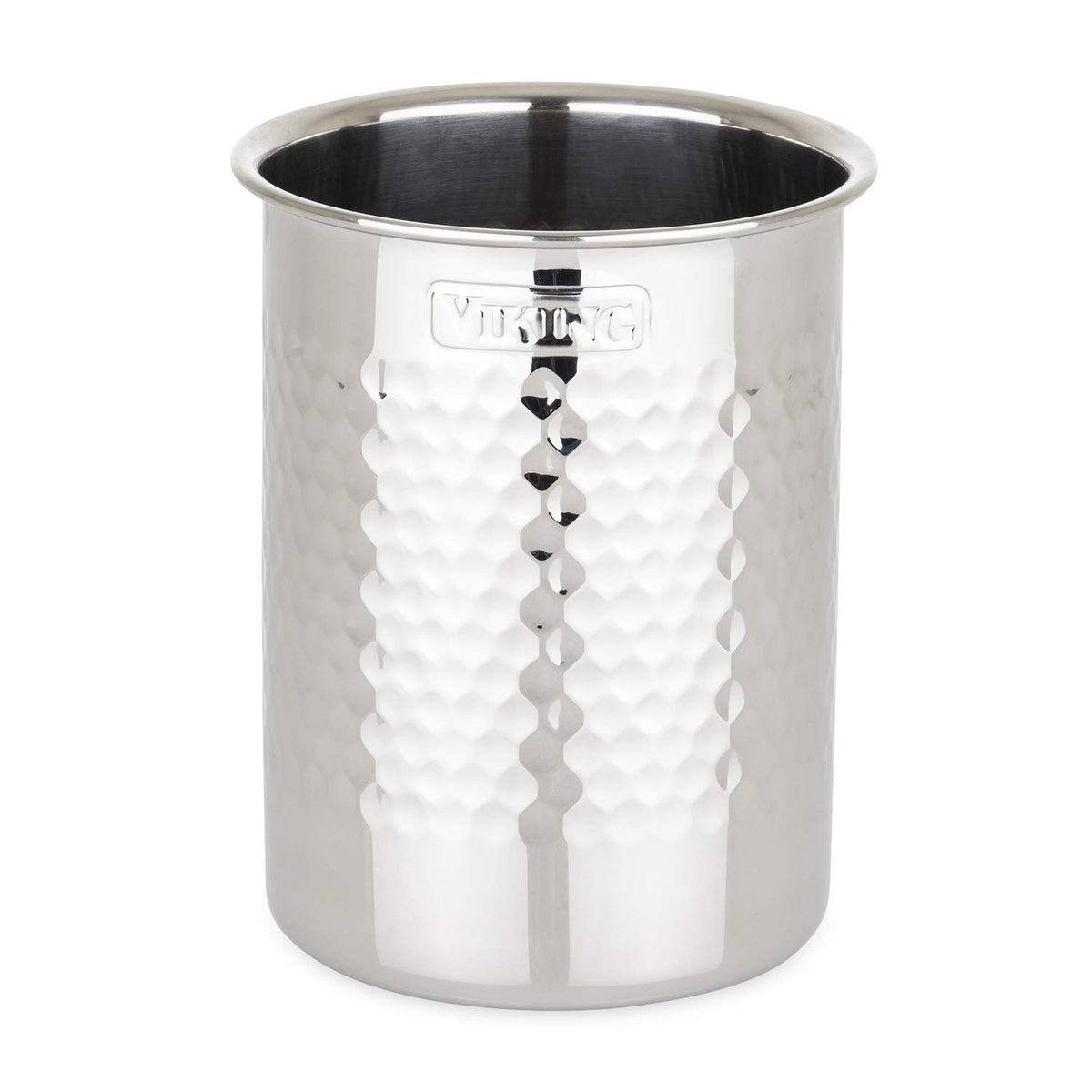 Viking hammered stainless steel utensil crock on a counter for easy access to utensils.