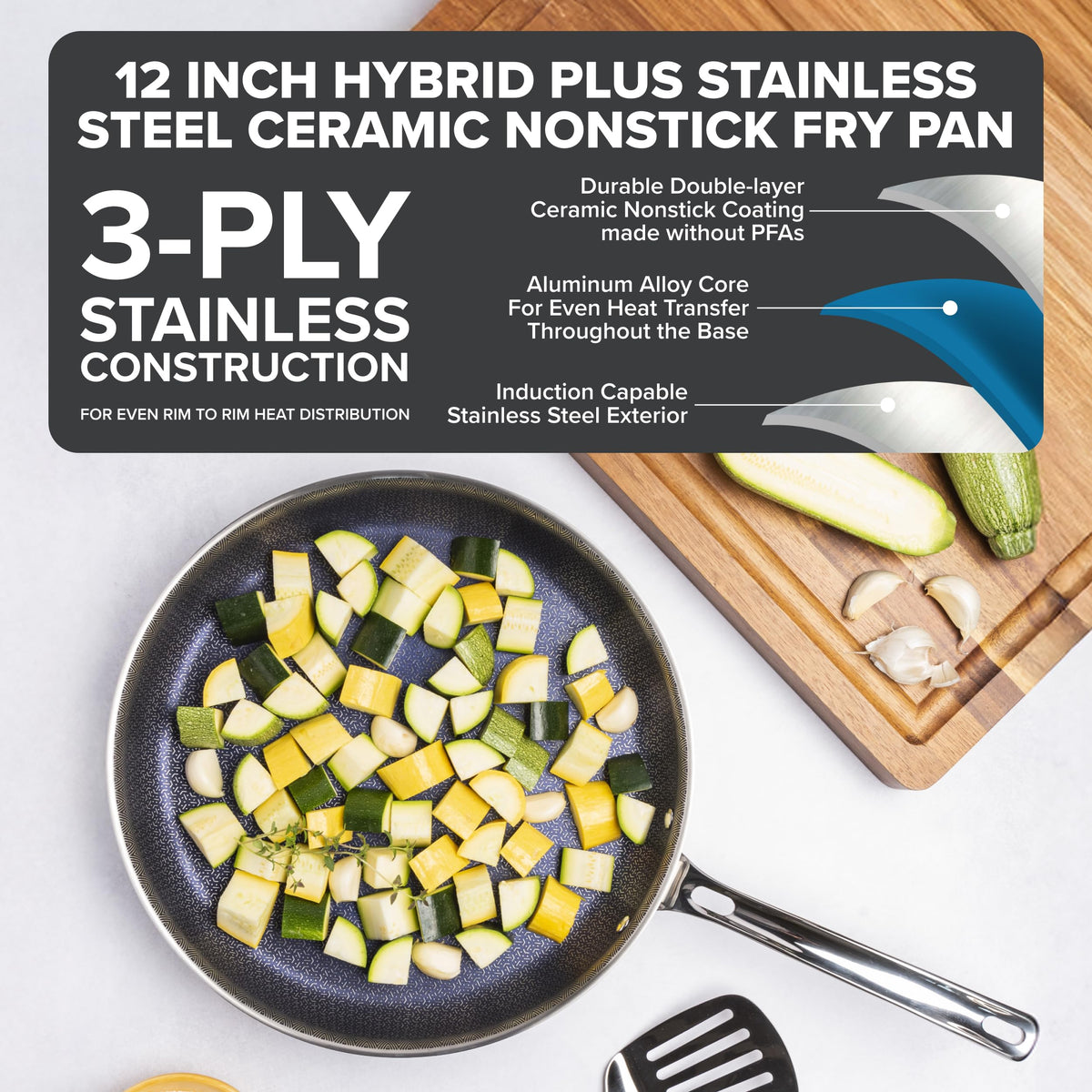Viking Hybrid Plus 3-Ply clad construction close-up highlighting even heat transfer