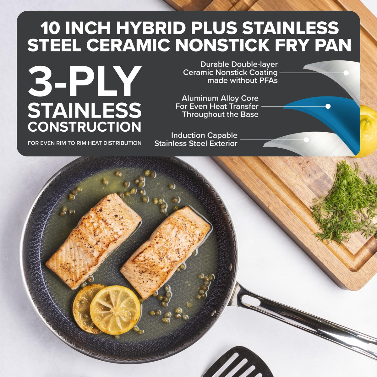 Close-up of ceramic nonstick coating on Viking Hybrid Plus for easy food release.