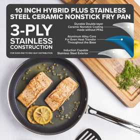 Close-up of ceramic nonstick coating on Viking Hybrid Plus for easy food release.