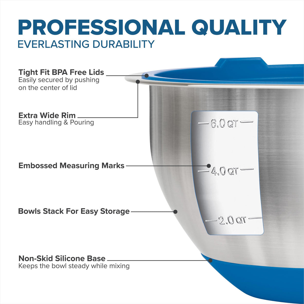 Viking 1.5 qt mixing bowl with embossed measurements for quick sizing.