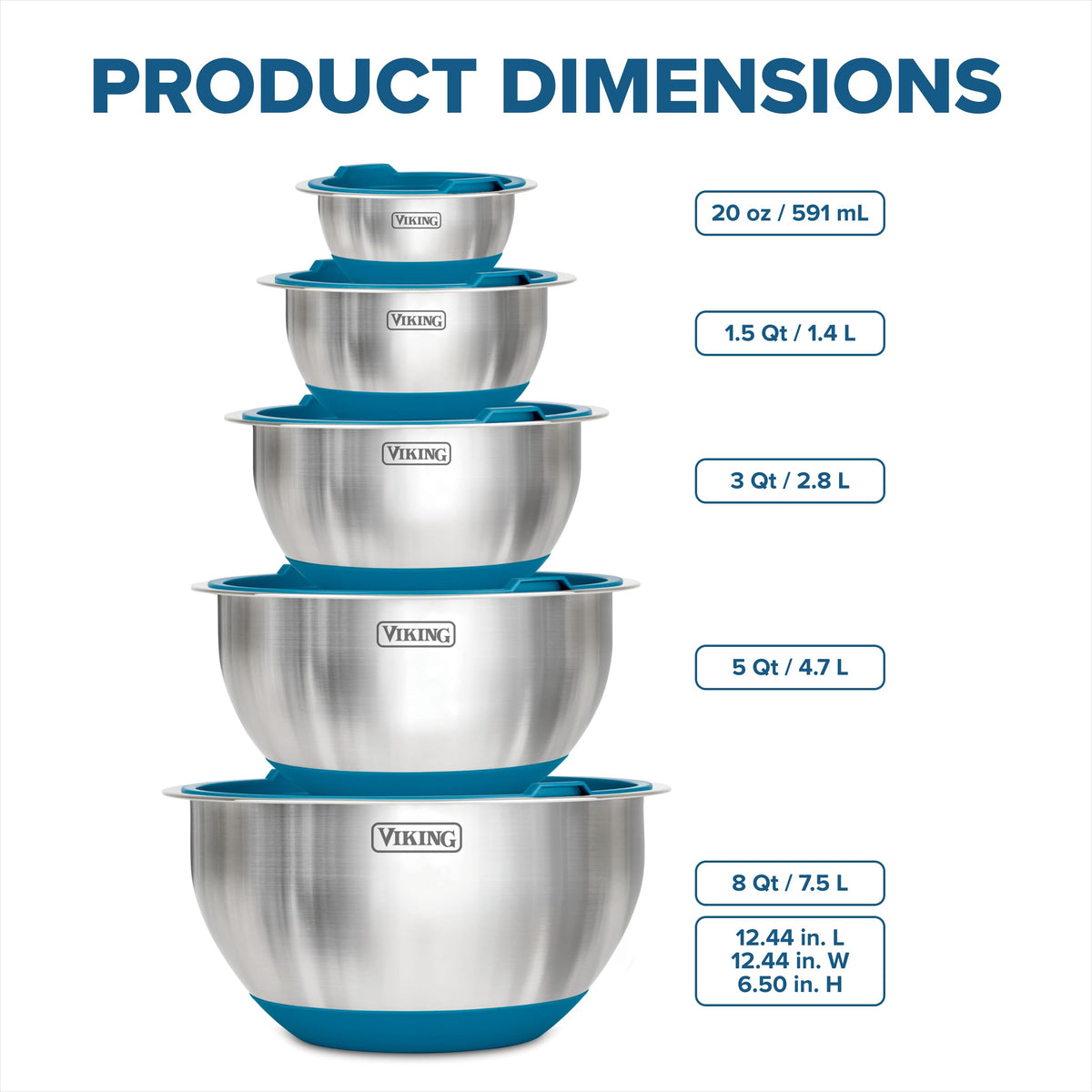 Viking Mixing Bowls nested together for space-saving storage.